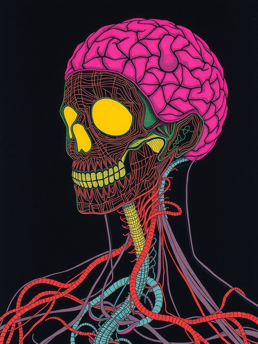 Vibrant Neon Skull and Brain with Colorful Nerves