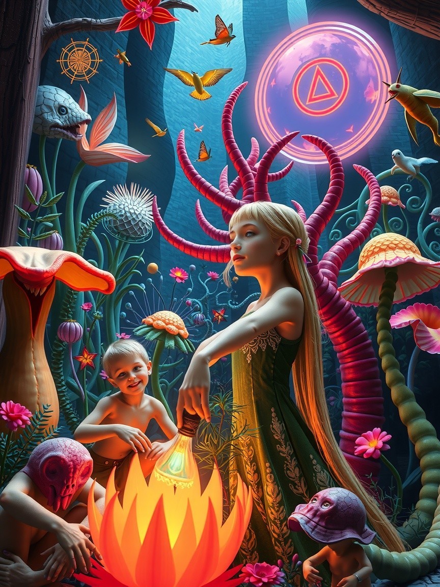 Mystical forest scene with glowing flowers and creatures