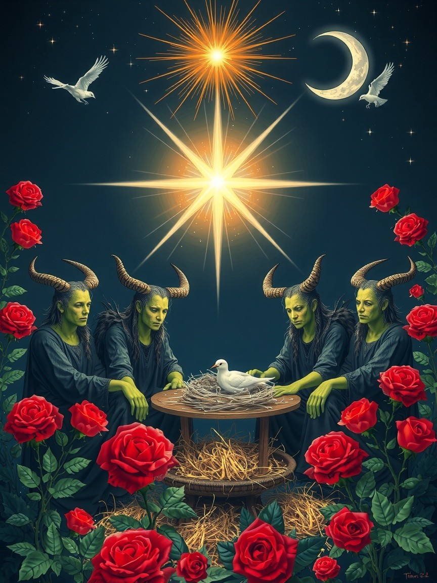 Horned Figures in Mystical Setting with Nature Elements