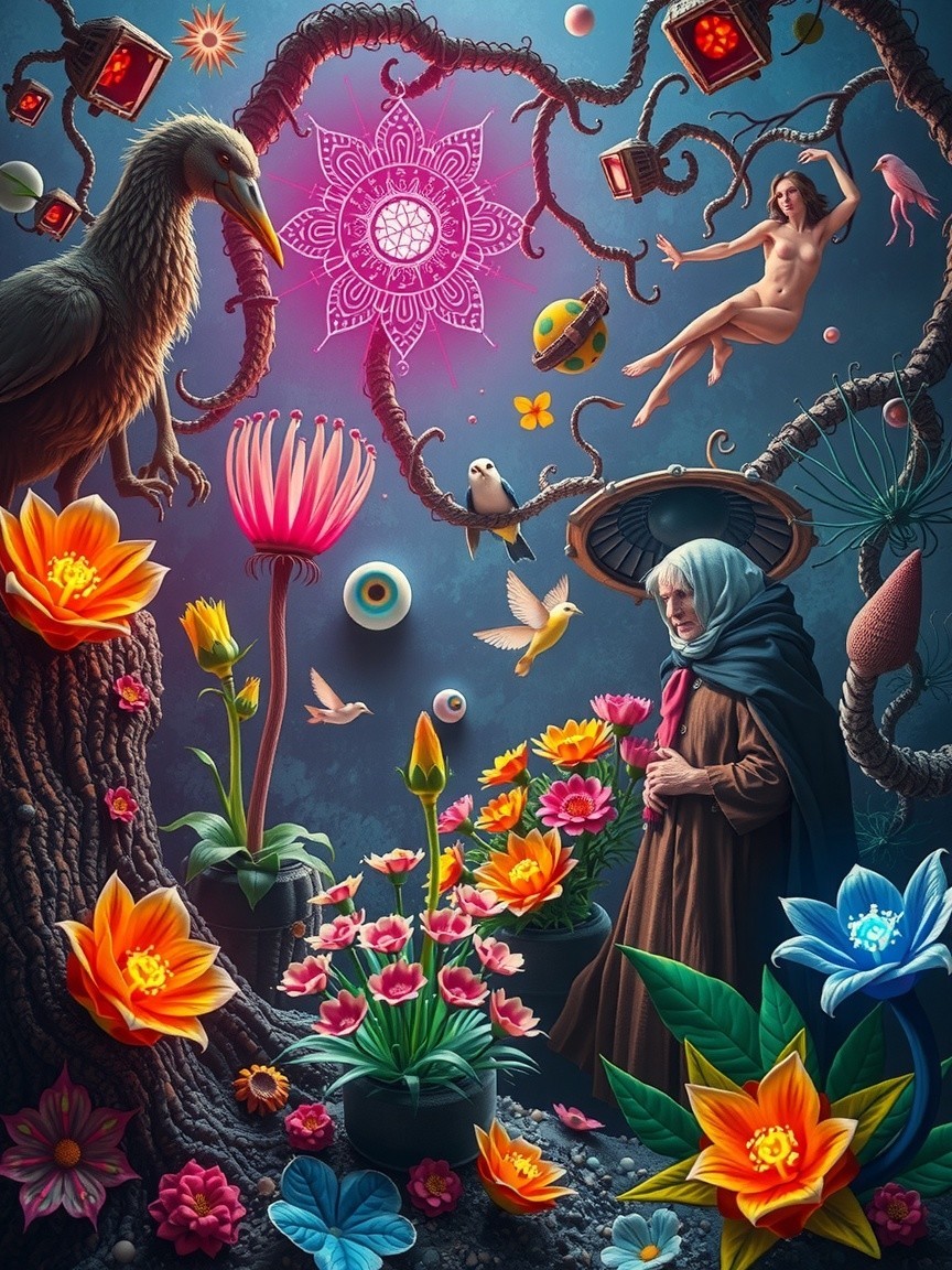 Surreal Landscape with Elderly Woman and Vibrant Flora