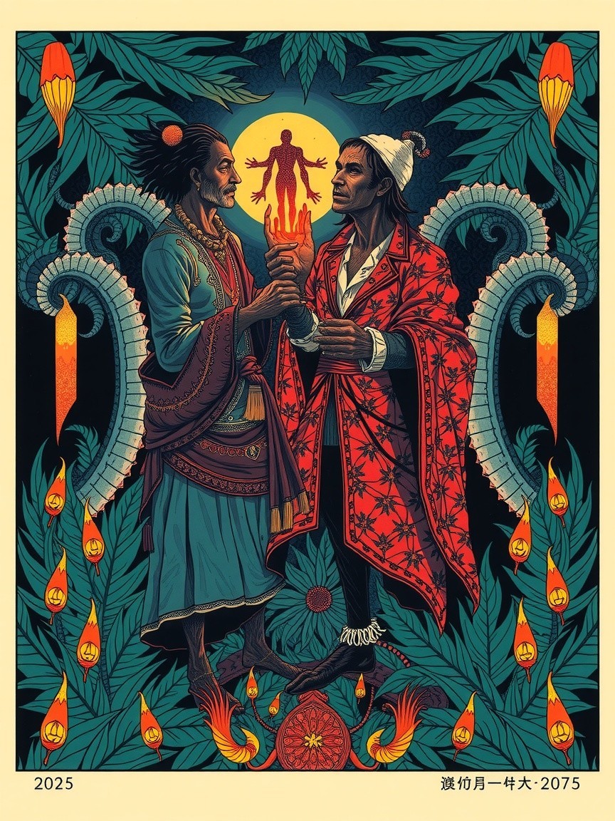 Figures in Traditional and Red Robes Amidst Vibrant Patterns