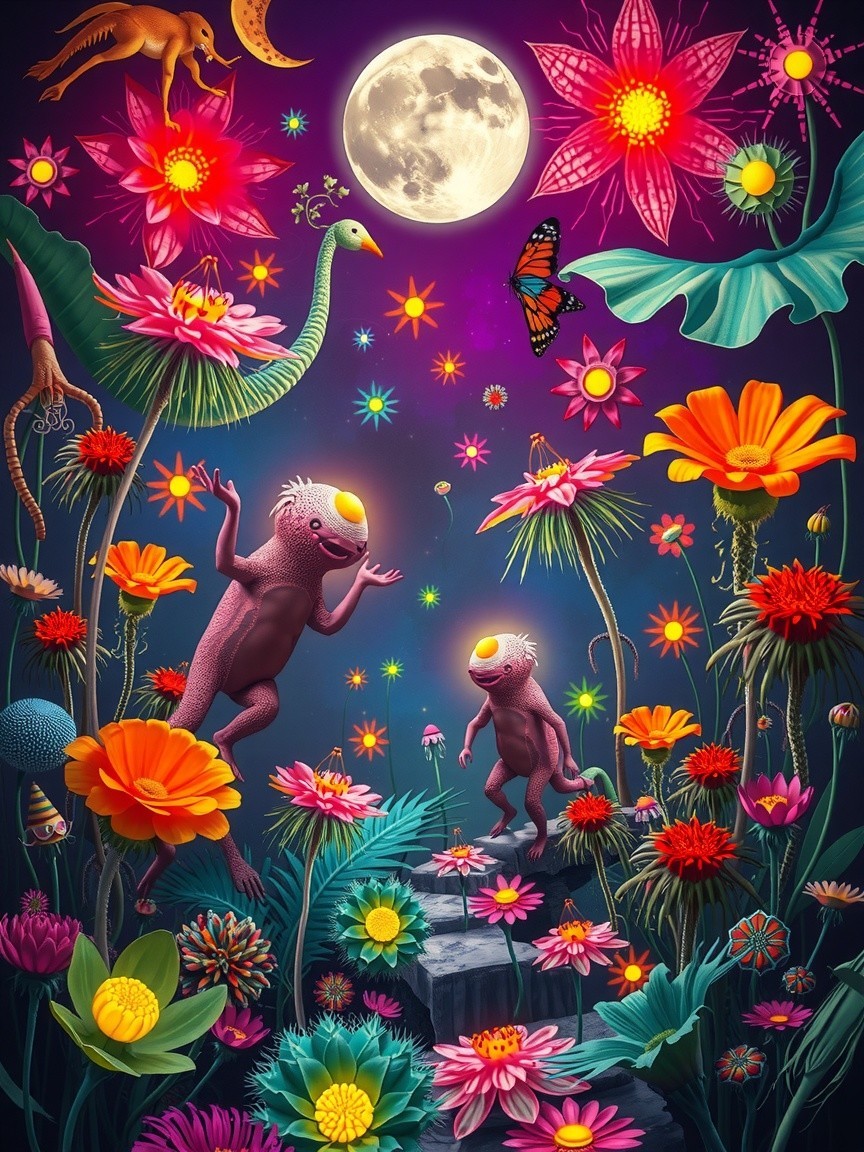 Whimsical Creatures in an Enchanted Garden Scene