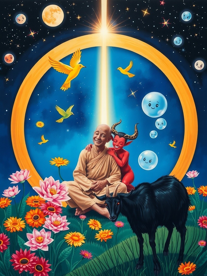 Surreal Scene with Serene Figure and Playful Devil