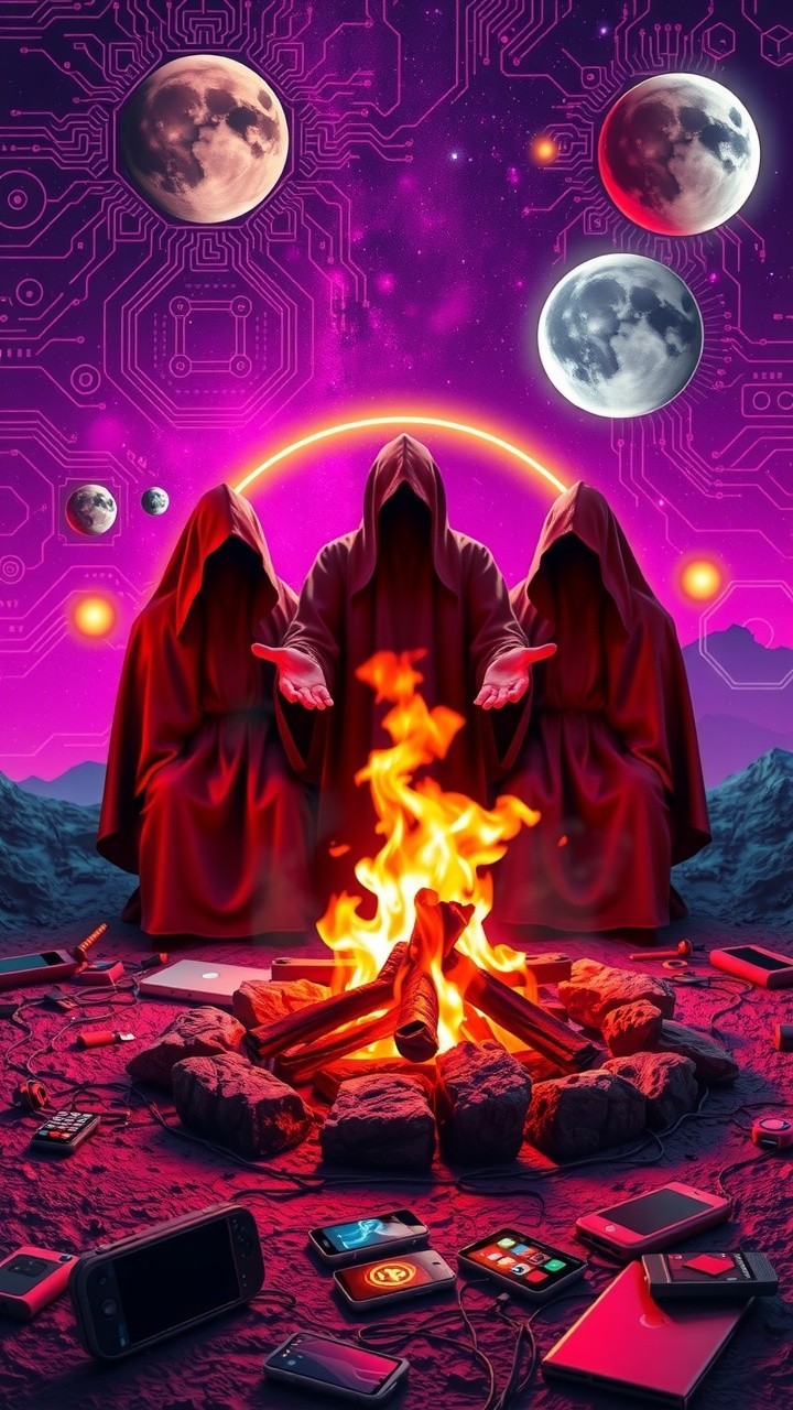 Cosmic Gathering of Hooded Figures by Campfire