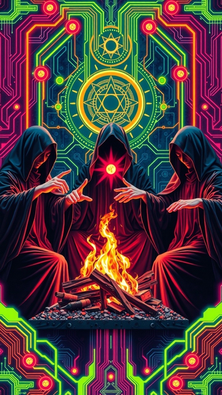 Cloaked Figures Performing Ritual by a Fire with Symbols