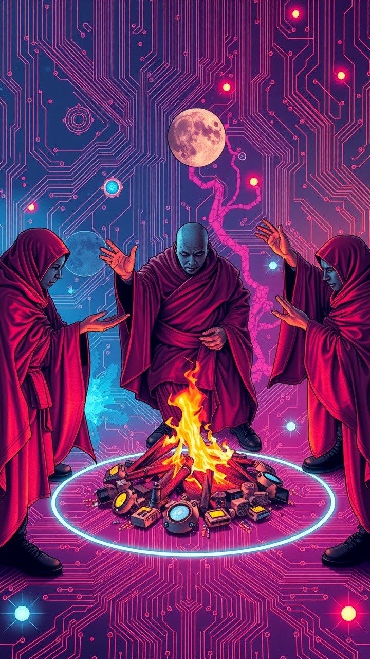Cloaked Figures Meditating by a Vibrant Campfire
