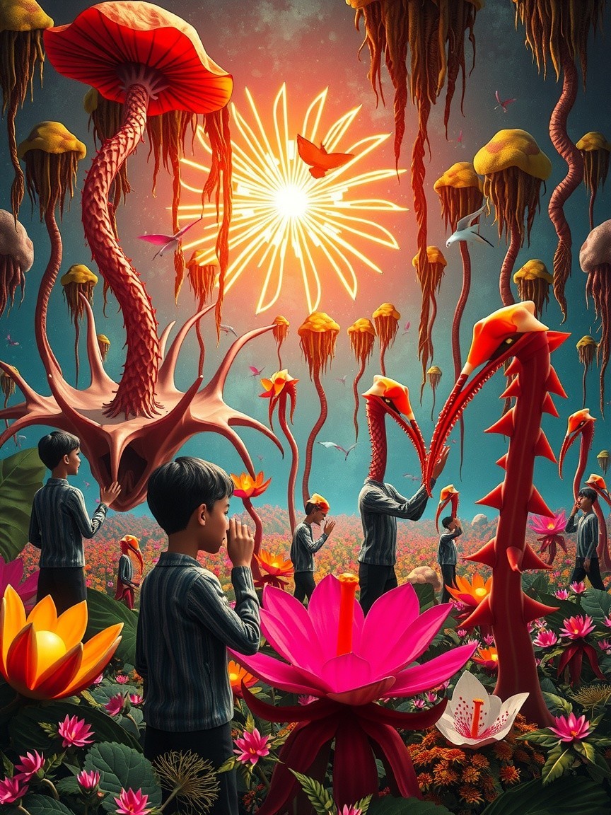 Surreal Landscape with Vibrant Plants and Children