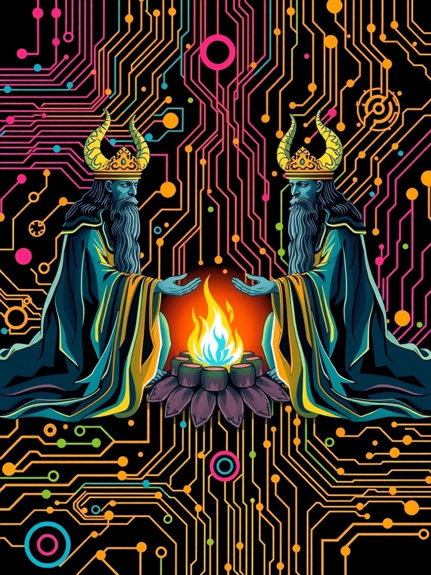 Mystical Figures in Crowns Around a Colorful Fire