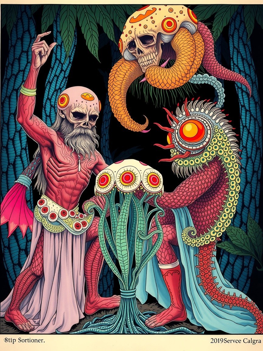 Surreal Illustration of a Skeletal Figure and Creatures