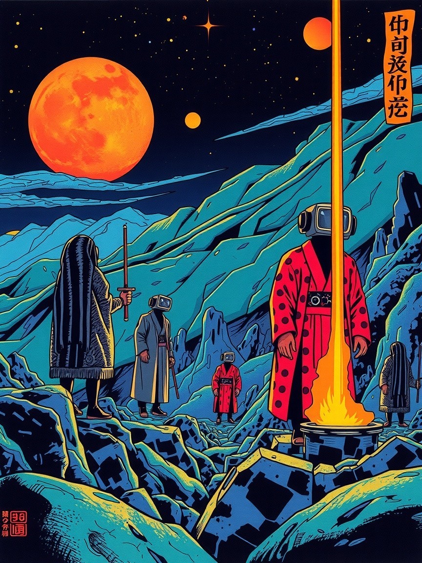 Surreal Landscape with Futuristic Figures and Red Moon