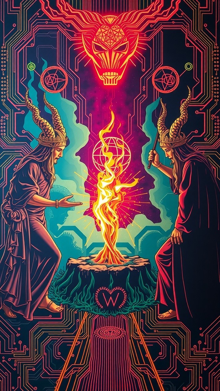 Horned Figures in Ritual Around Vibrant Flame