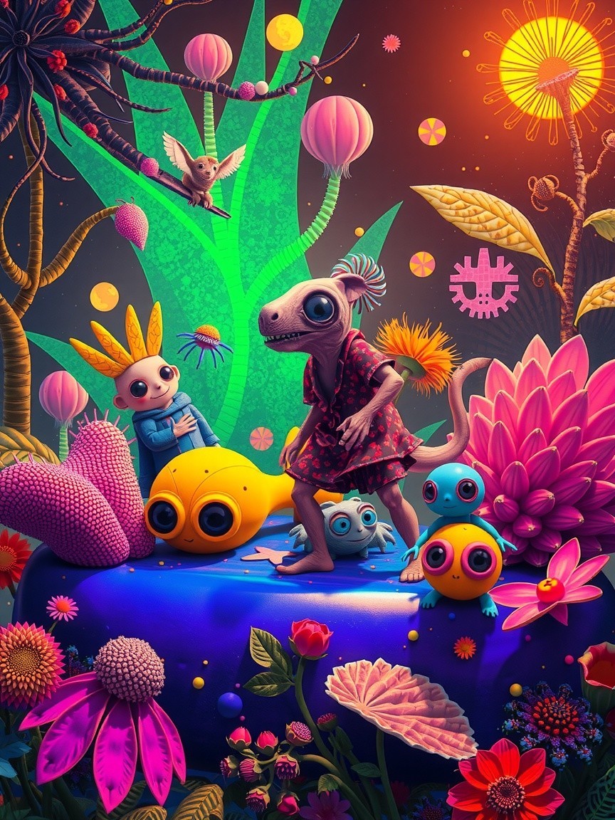 Colorful Whimsical Scene with Unique Creatures and Flora