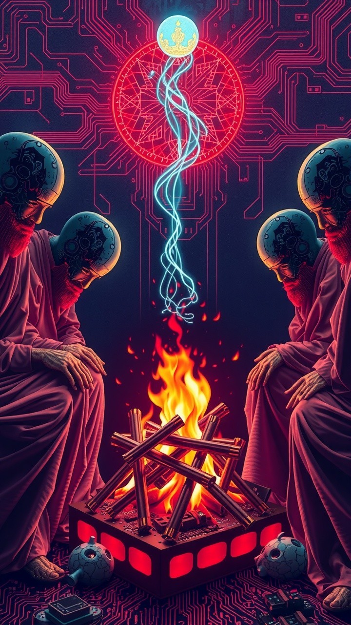 Surreal Scene of Robed Figures by Vibrant Fire