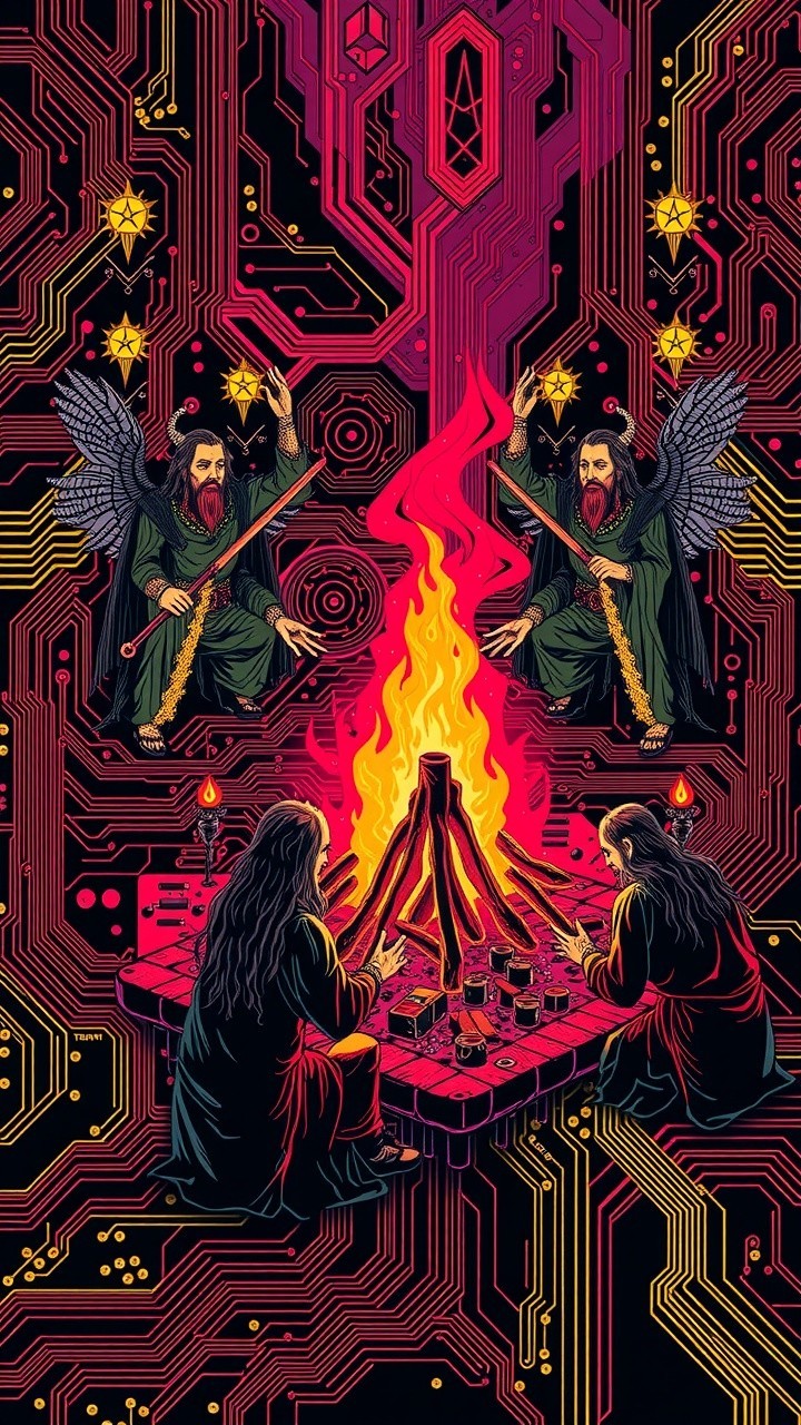 Winged Figures by Campfire in Futuristic Setting