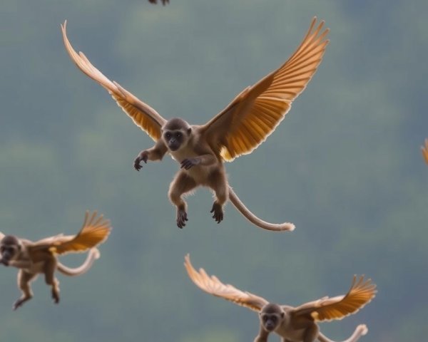 Monkeys with Colorful Wings Soaring in a Surreal Scene