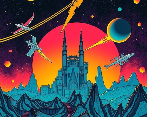 Retro-Futuristic Castle Under Vibrant Sunset Sky