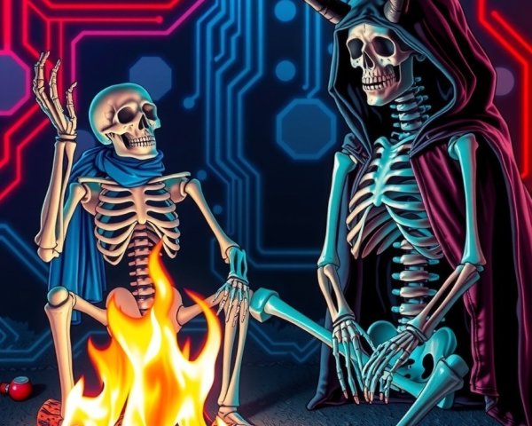 Skeletons by Campfire with Colorful Objects and Circuitry