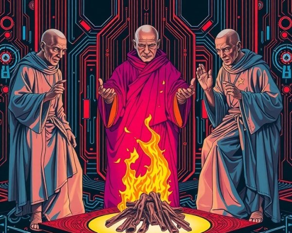 Monks Meditating by Campfire on Circuit Board Background