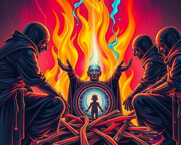 Hooded Figures Gather Around a Vibrant Fire Scene