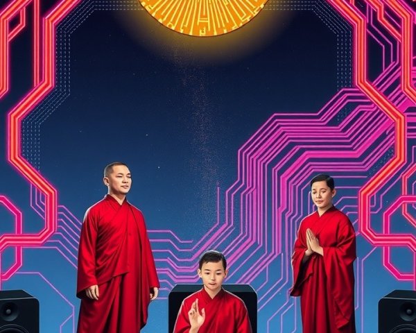 Futuristic Scene of Figures in Red Robes and Neon Circuitry