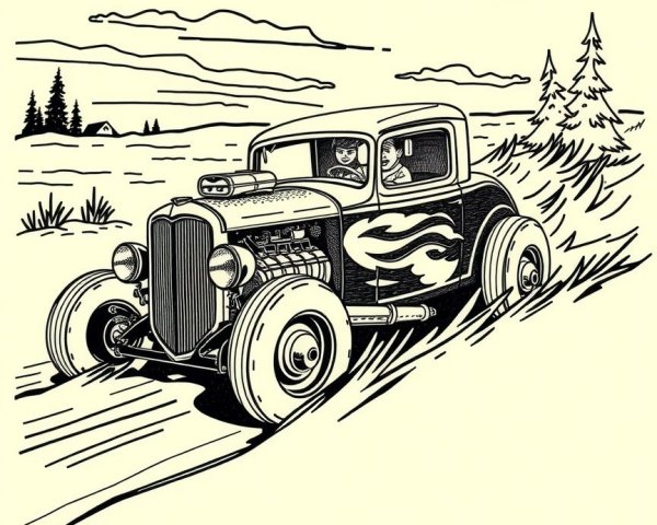 Classic Hot Rod Car on Dirt Path with Scenic Landscape