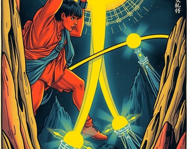 Retro Illustration of Heroic Figure on Alien Landscape
