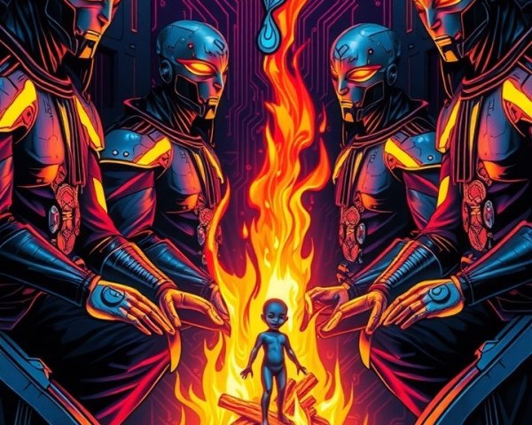 Robotic Figures Surrounding Fire in Futuristic Setting