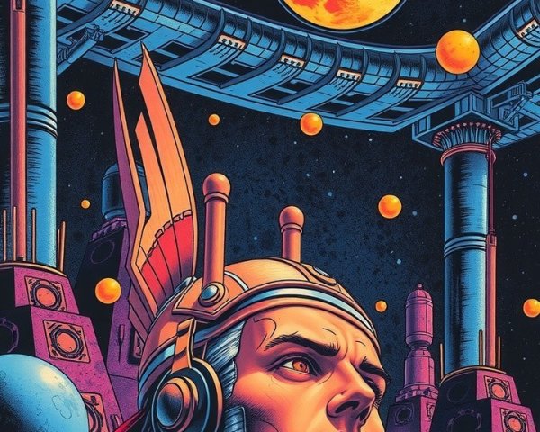 Futuristic Hero in Cosmic Landscape with Industrial Elements