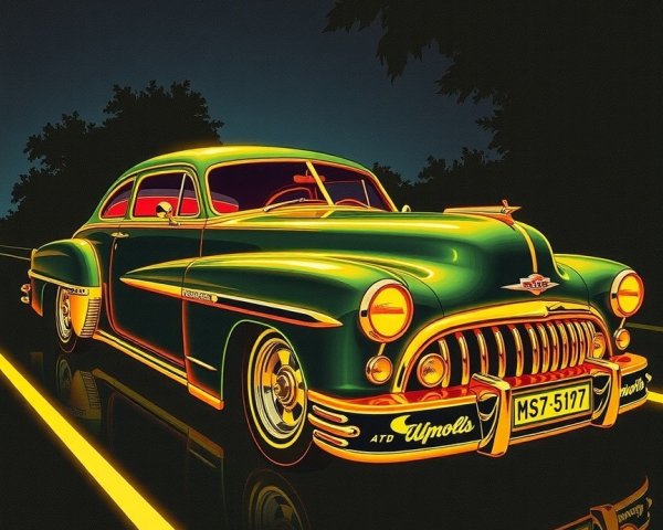 Vintage Green Car Parked on Dimly Lit Road