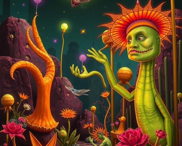 Surreal Landscape with Whimsical Creatures and Plants