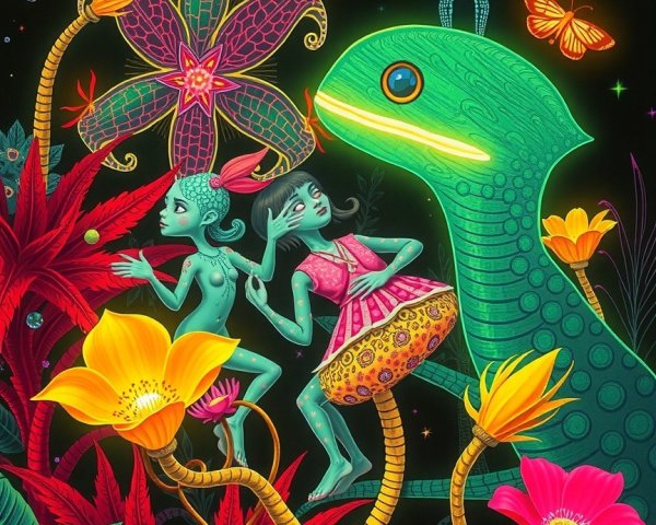 Surreal Jungle Scene with Whimsical Creatures