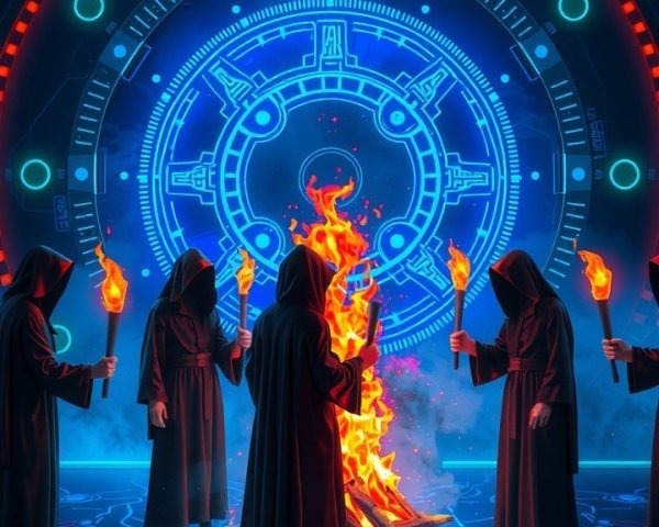 Cloaked Figures Gather Around a Mystical Bonfire