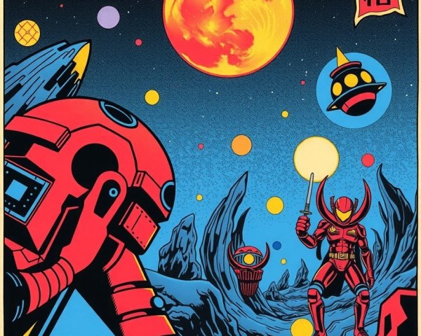Vibrant Retro-Inspired Space Scene with Robotic Figure