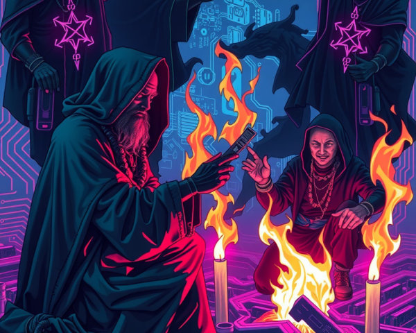 Cloaked Figures in Ritual with Tech and Magic Elements