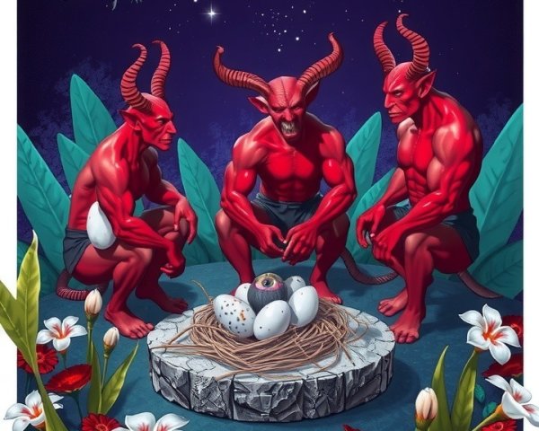 Red-skinned figures with eggs in a surreal landscape