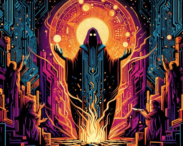 Mysterious Figure in Cloak Amidst Glowing Circuits
