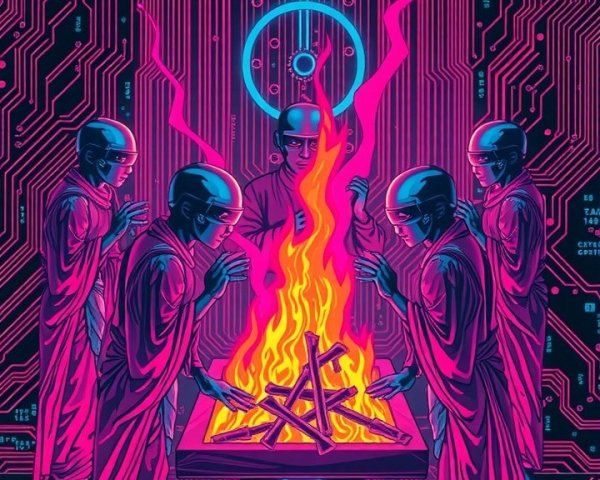 Hooded Figures Around Neon Fire in Futuristic Setting