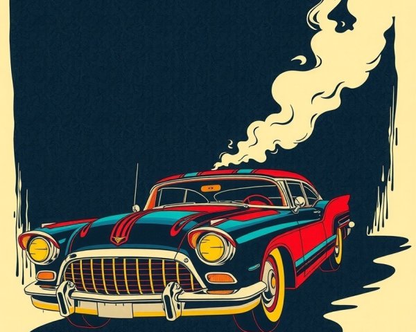 Vibrant Retro Illustration of Classic Car with Smoke