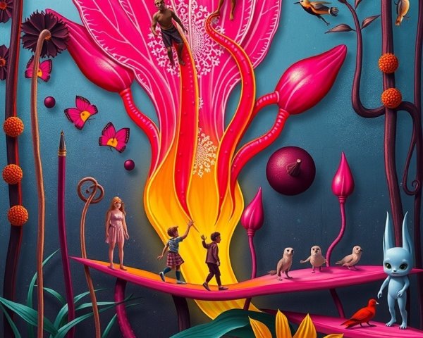 Surreal landscape with oversized flowers and whimsical characters