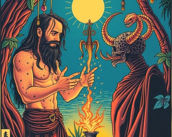 Mystical Scene with Muscular Figure and Skeletal Entity