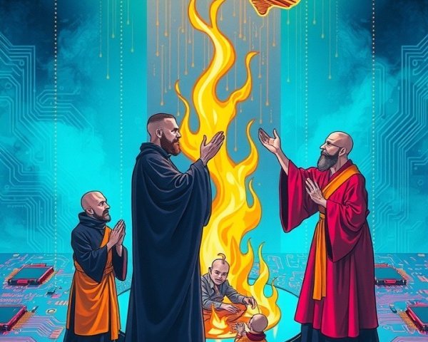Futuristic Scene of Monks and Glowing Brain Symbolism