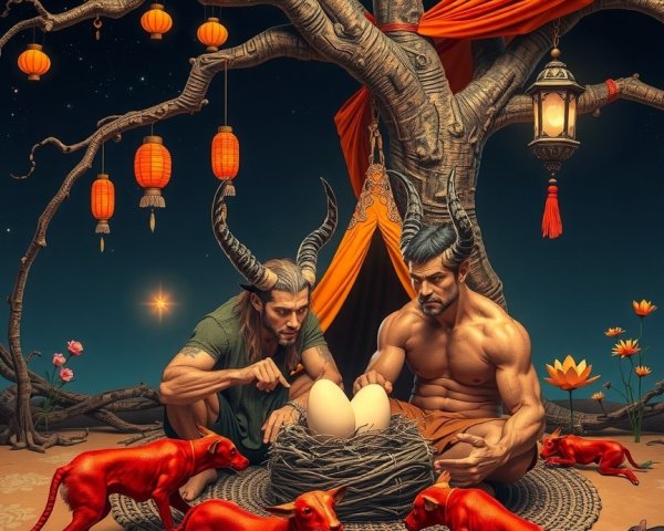 Muscular Figures with Horns Beside Twisted Tree Scene