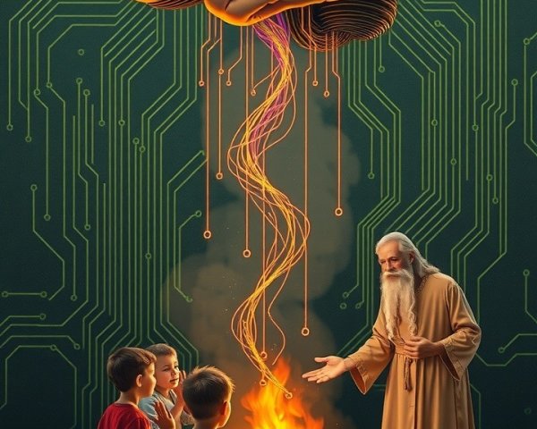 Elder Sharing Stories by Campfire with Children and Brain
