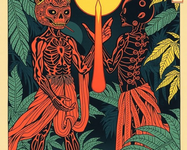 Skeletal Figures in Lush Foliage Under Glowing Orb