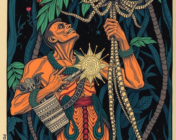 Tribal Figure in Jungle with Skull and Octopus Illustration