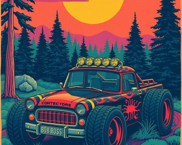 Retro Off-Road Vehicle Illustration in Scenic Landscape