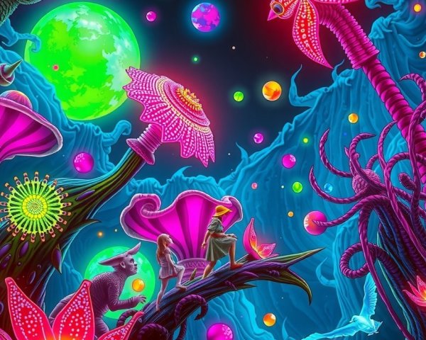 Surreal Landscape with Glowing Mushrooms and Flora