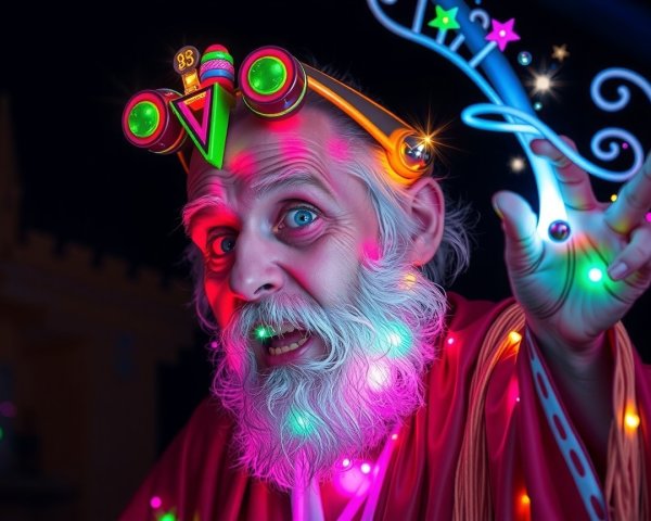 Elderly Magician in Colorful Robe with Wand Sparks