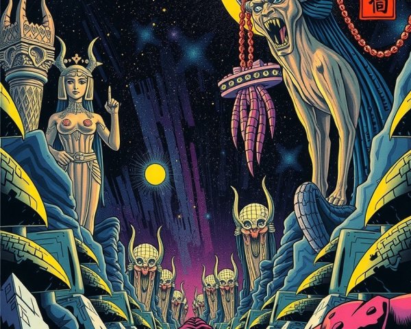 Surreal Landscape with Giant Stone Deities and Statues