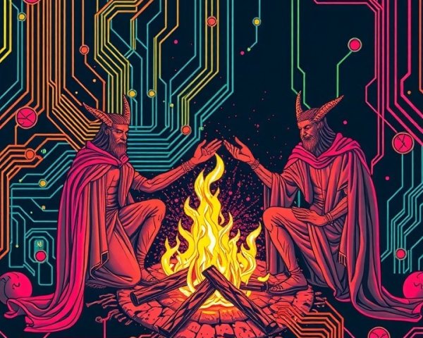Mysterious Figures by Glowing Campfire with Circuitry